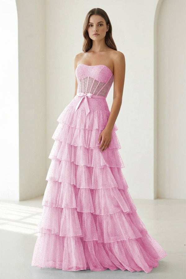 Black-White Strapless A Line Tulle Ruffled Formal Prom Dresses With Beading - KissProm