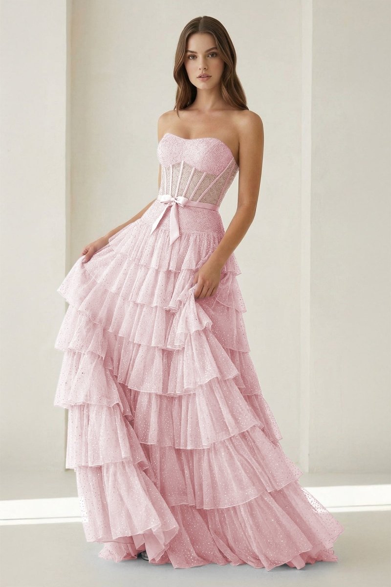 Deloria | Pink - Strapless A Line Tulle Ruffled Formal Prom Dresses With Beading-KissProm