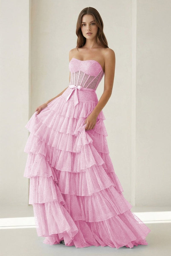 Deloria | Pink - White Strapless A Line Tulle Ruffled Formal Prom Dresses With Beading - KissProm