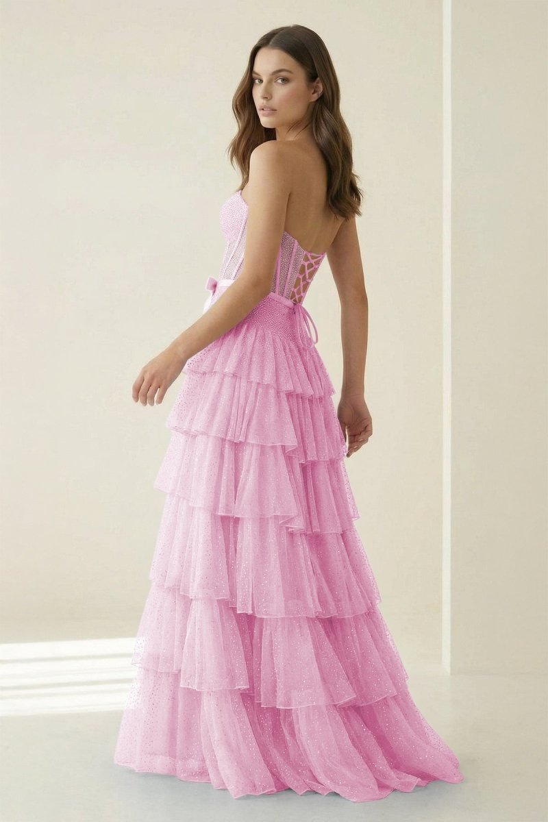 Deloria | Black - White Strapless A Line Tulle Ruffled Formal Prom Dresses With Beading - KissProm