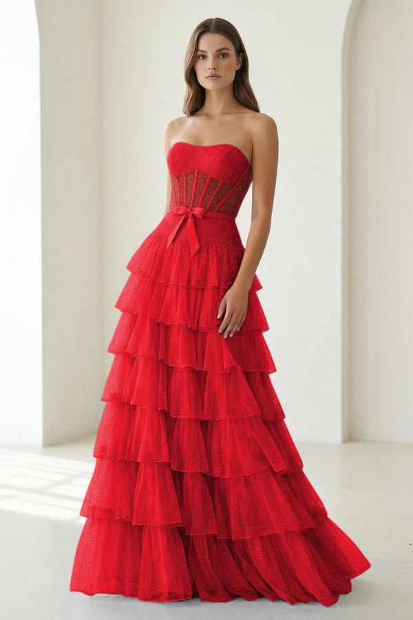Deloria | Red - Strapless A Line Tulle Ruffled Formal Prom Dresses With Beading-KissProm