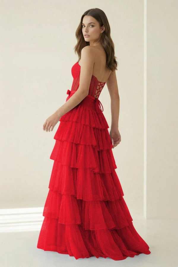 Black-White Strapless A Line Tulle Ruffled Formal Prom Dresses With Beading - KissProm