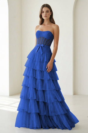 Black-White Strapless A Line Tulle Ruffled Formal Prom Dresses With Beading - KissProm