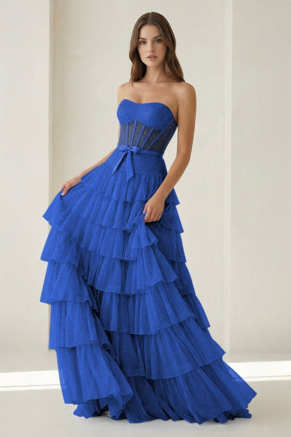 Deloria | Royal Blue - Strapless A Line Tulle Ruffled Formal Prom Dresses With Beading-KissProm