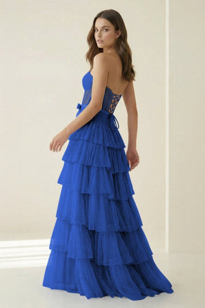 Black-White Strapless A Line Tulle Ruffled Formal Prom Dresses With Beading - KissProm