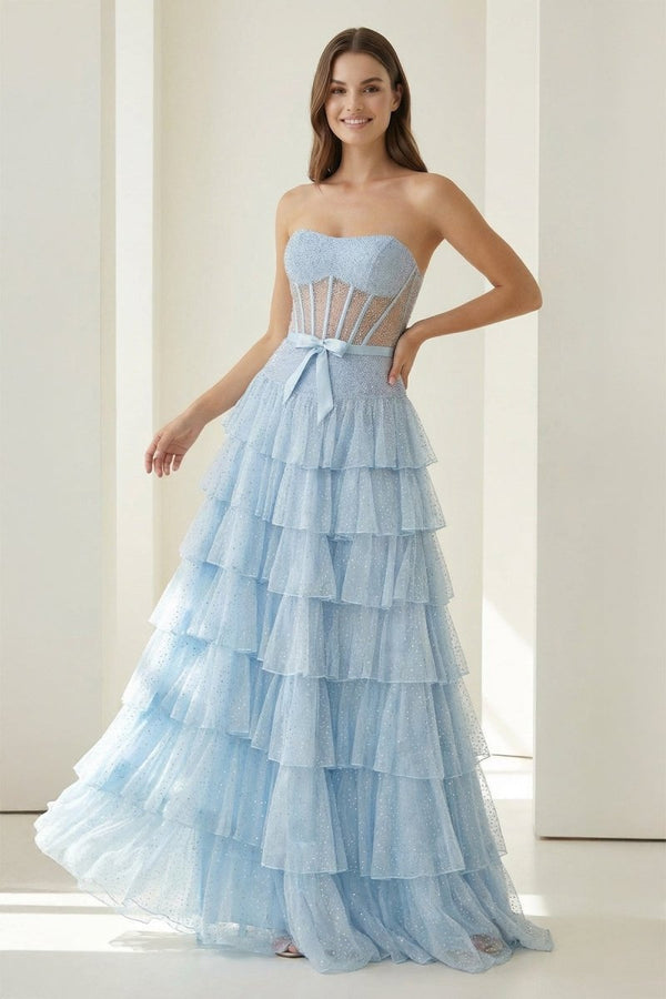 Deloria | Sky Blue - Strapless A Line Tulle Ruffled Formal Prom Dresses With Beading - KissProm
