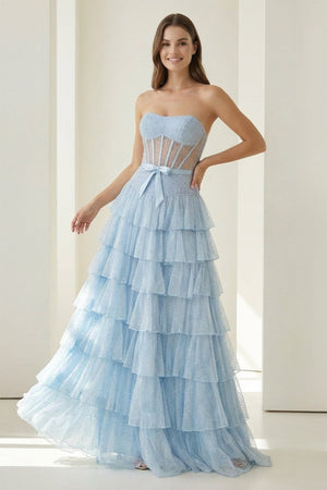 Black-White Strapless A Line Tulle Ruffled Formal Prom Dresses With Beading - KissProm