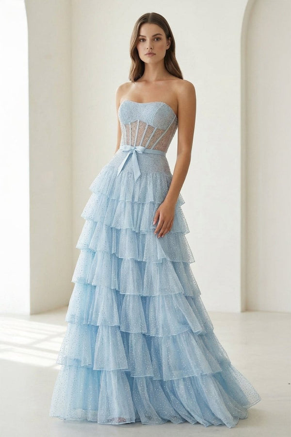 KissProm Black-White Strapless A Line Tulle Ruffled Formal Prom Dresses With Beading, Sky Blue / 0