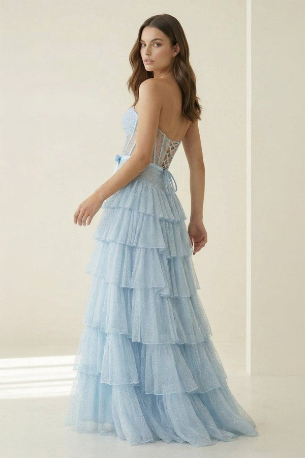 Black-White Strapless A Line Tulle Ruffled Formal Prom Dresses With Beading - KissProm