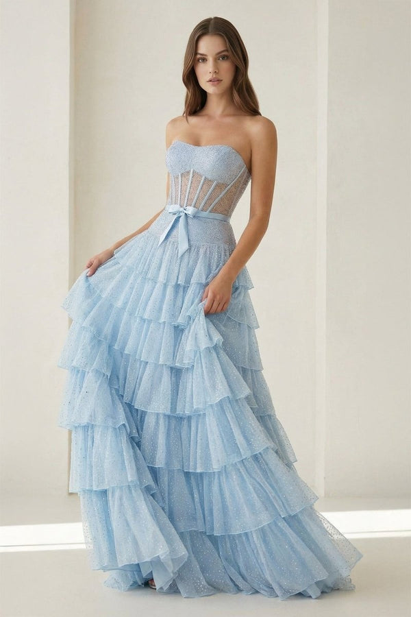 Black-White Strapless A Line Tulle Ruffled Formal Prom Dresses With Beading - KissProm