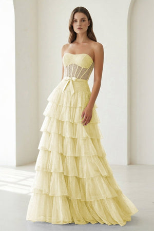 Black-White Strapless A Line Tulle Ruffled Formal Prom Dresses With Beading - KissProm
