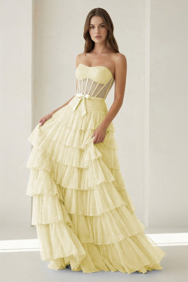 Black-White Strapless A Line Tulle Ruffled Formal Prom Dresses With Beading - KissProm