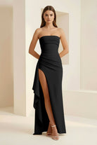 Delvine | Black - Mermaid Strapless Satin Pleated Long Prom Dress with Slit - KissProm