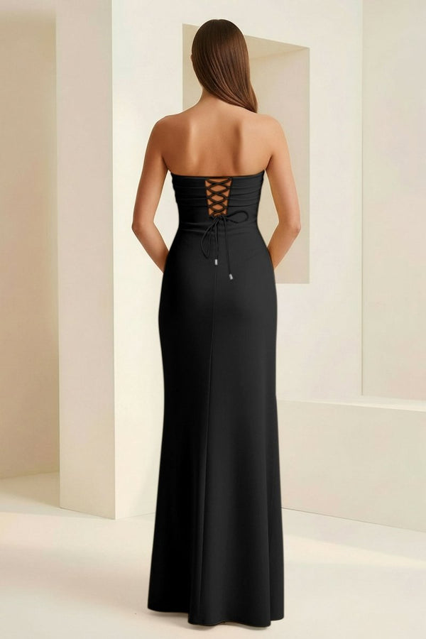Delvine | Black - Mermaid Strapless Satin Pleated Long Prom Dress with Slit - KissProm