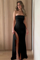 Delvine | Black - Mermaid Strapless Satin Pleated Long Prom Dress with Slit - KissProm