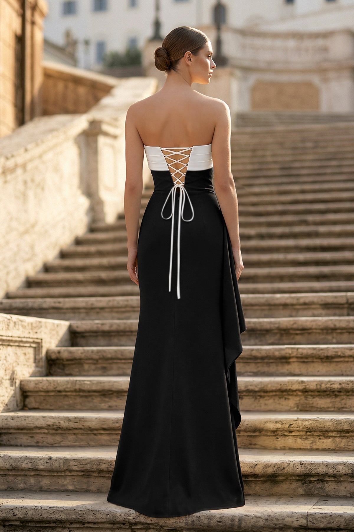 Black-White - Mermaid Strapless Satin Pleated Long Prom Dress with Slit Black-White / 8 Black-White - Mermaid Strapless Satin Pleated Long Prom Dress with Slit Black-White / 8