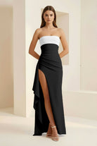 Delvine | Black - White - Mermaid Strapless Satin Pleated Long Prom Dress with Slit - KissProm