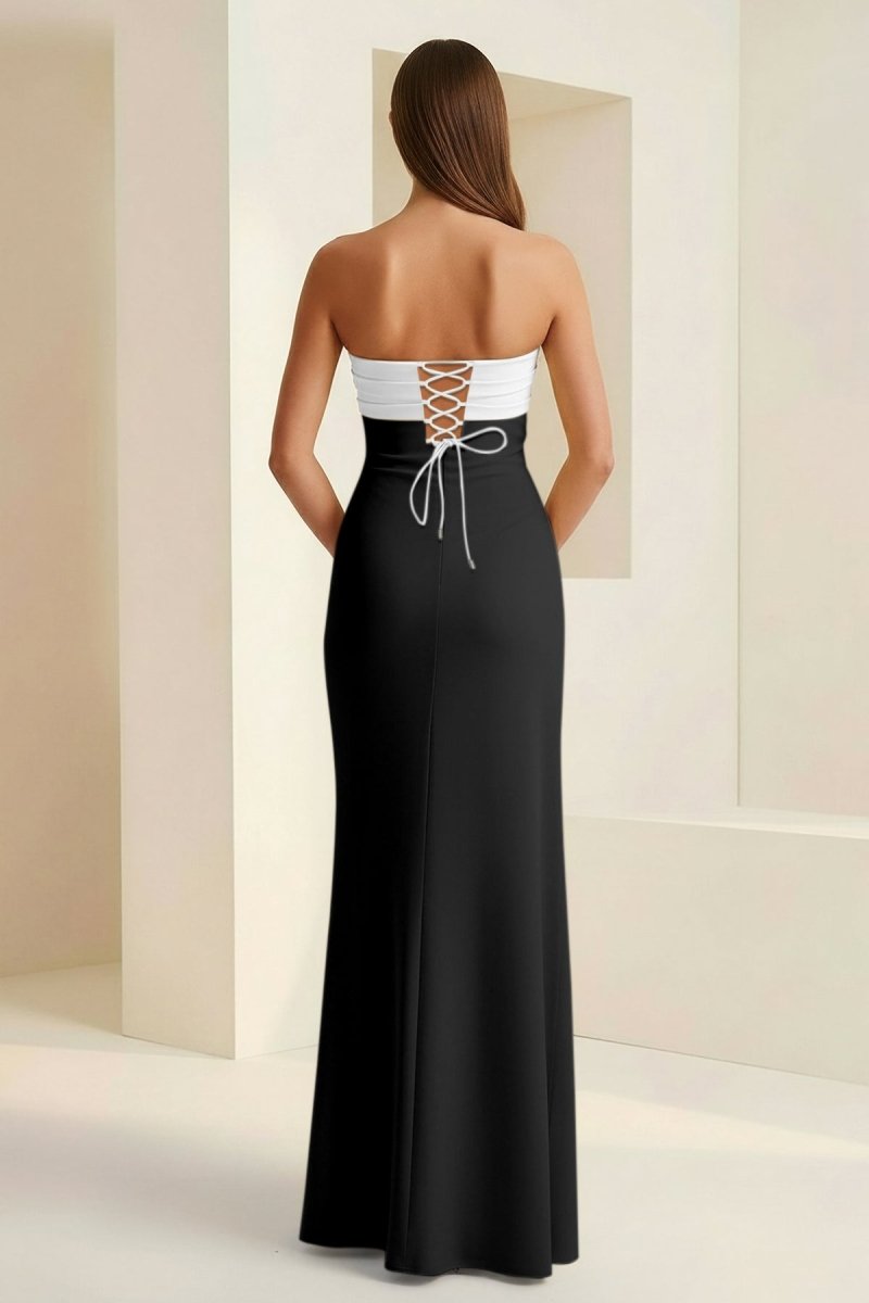 Delvine | Black - White - Mermaid Strapless Satin Pleated Long Prom Dress with Slit - KissProm
