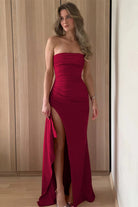 Delvine | Burgundy - Mermaid Strapless Satin Pleated Long Prom Dress with Slit - KissProm