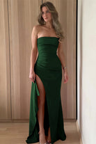 Delvine | Dark Green - Mermaid Strapless Satin Pleated Long Prom Dress with Slit - KissProm