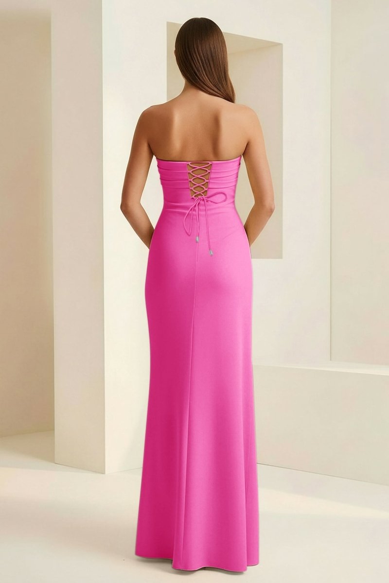 Delvine | Fuchsia - Mermaid Strapless Satin Pleated Long Prom Dress with Slit - KissProm