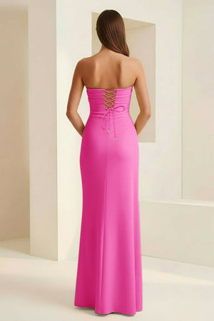 Delvine | Fuchsia - Mermaid Strapless Satin Pleated Long Prom Dress with Slit – Prom Dresses by KissProm | Available at KissProm