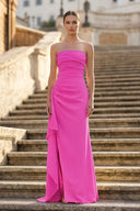 Yellow Mermaid Strapless Satin Pleated Long Prom Dress with Slit