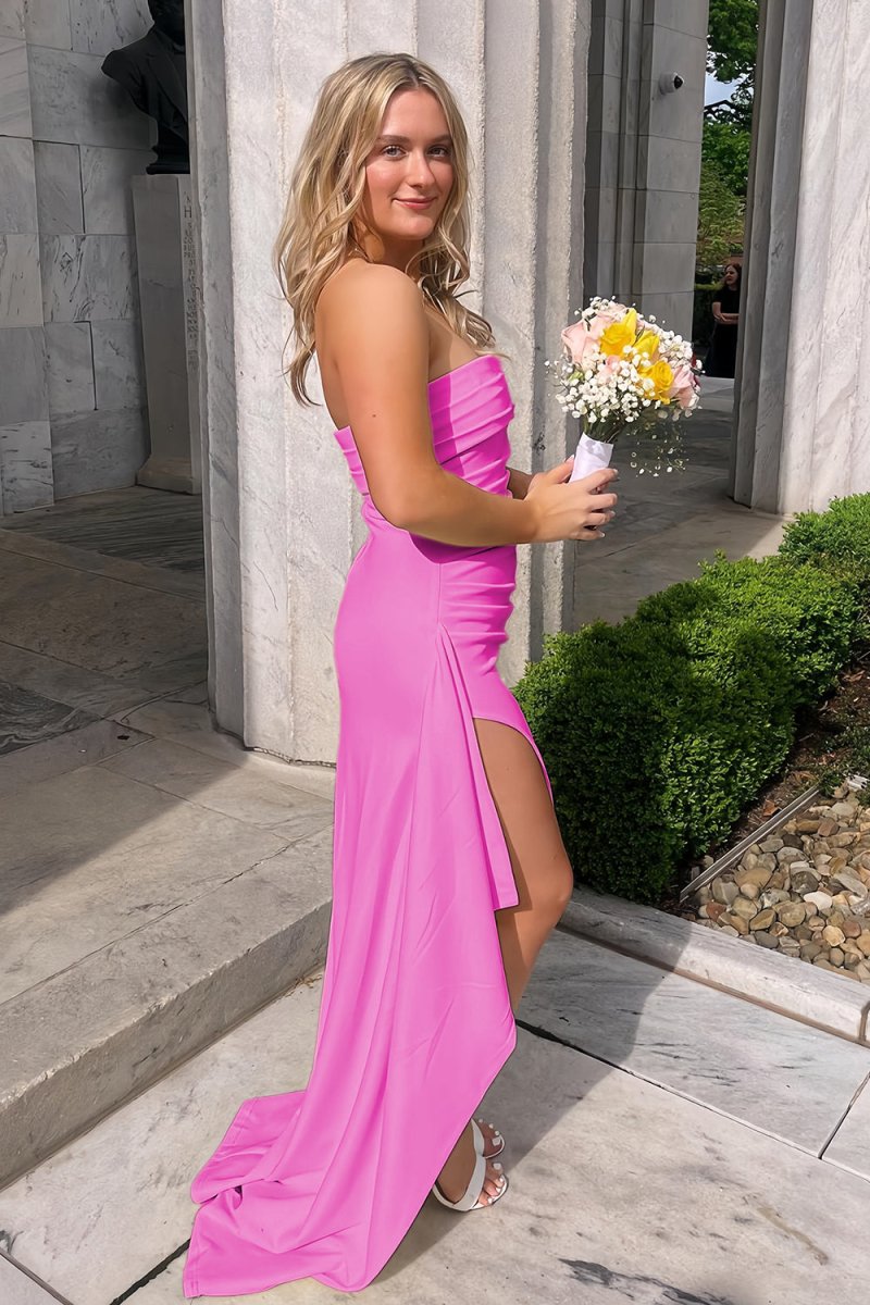 Delvine | Fuchsia - Mermaid Strapless Satin Pleated Long Prom Dress with Slit - KissProm
