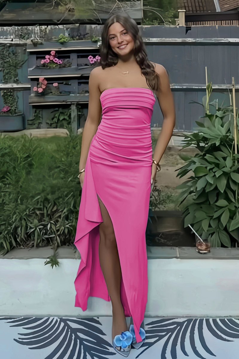 Delvine | Fuchsia - Mermaid Strapless Satin Pleated Long Prom Dress with Slit - KissProm
