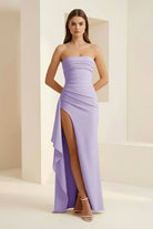 Delvine | Lavender - Mermaid Strapless Satin Pleated Long Prom Dress with Slit - KissProm