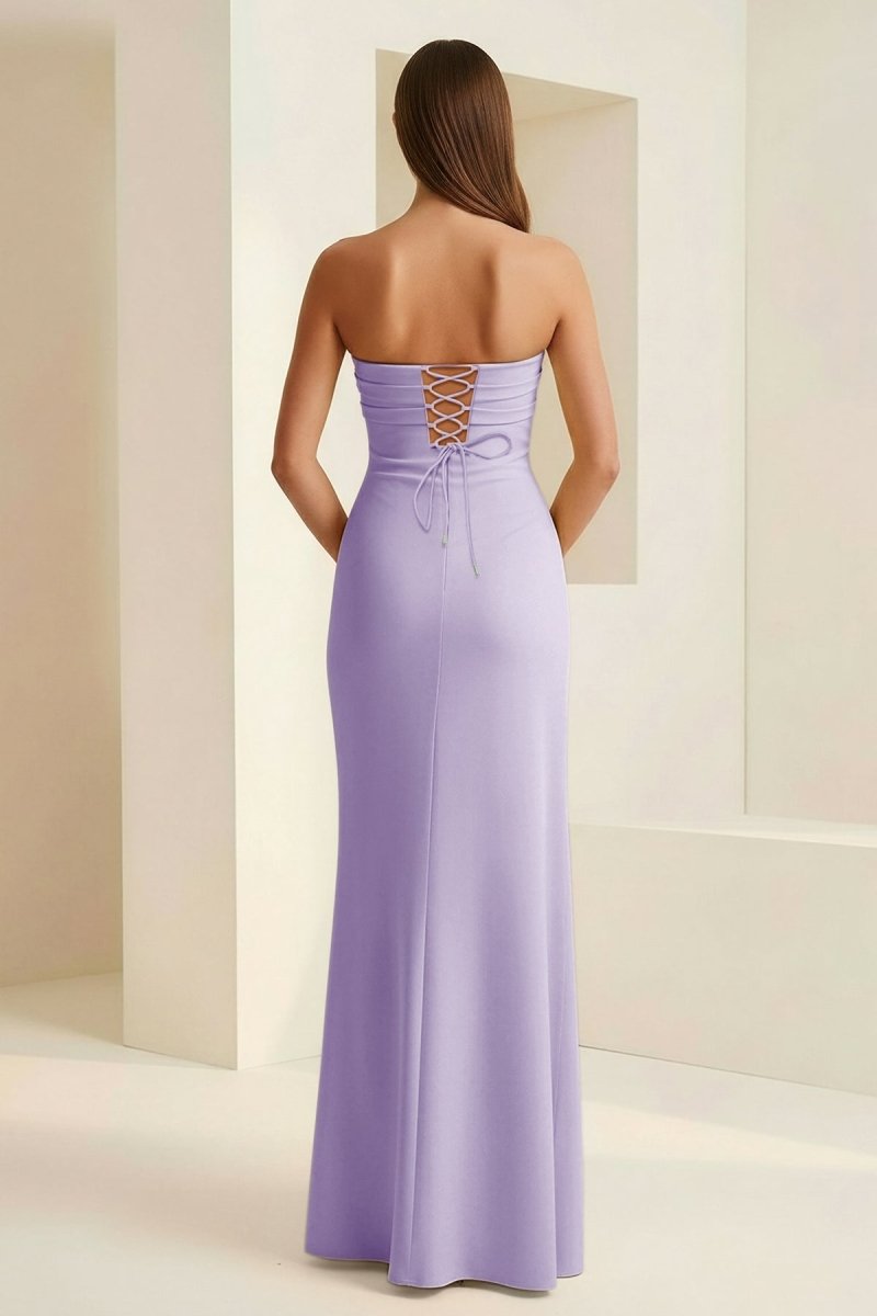 Delvine | Lavender - Mermaid Strapless Satin Pleated Long Prom Dress with Slit - KissProm