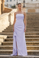 Yellow Mermaid Strapless Satin Pleated Long Prom Dress with Slit