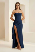 Delvine | Navy Blue - Mermaid Strapless Satin Pleated Long Prom Dress with Slit - KissProm