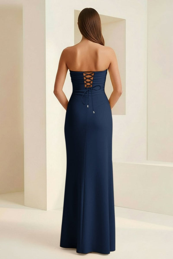 Delvine | Navy Blue - Mermaid Strapless Satin Pleated Long Prom Dress with Slit - KissProm