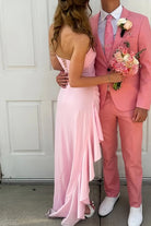 KissProm-Delvine Pink Mermaid Strapless Satin Pleated Long Prom Dress with Slit