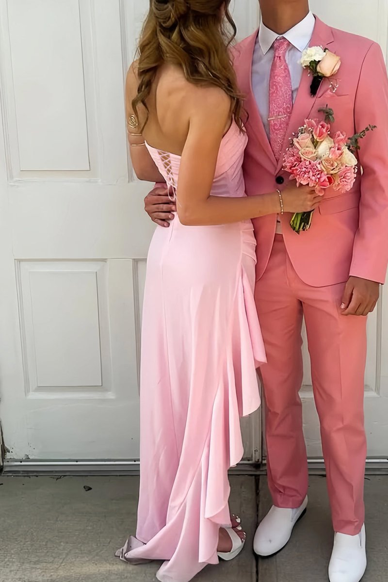KissProm-Delvine Pink Mermaid Strapless Satin Pleated Long Prom Dress with Slit