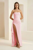 Delvine | Pink - Mermaid Strapless Satin Pleated Long Prom Dress with Slit - KissProm