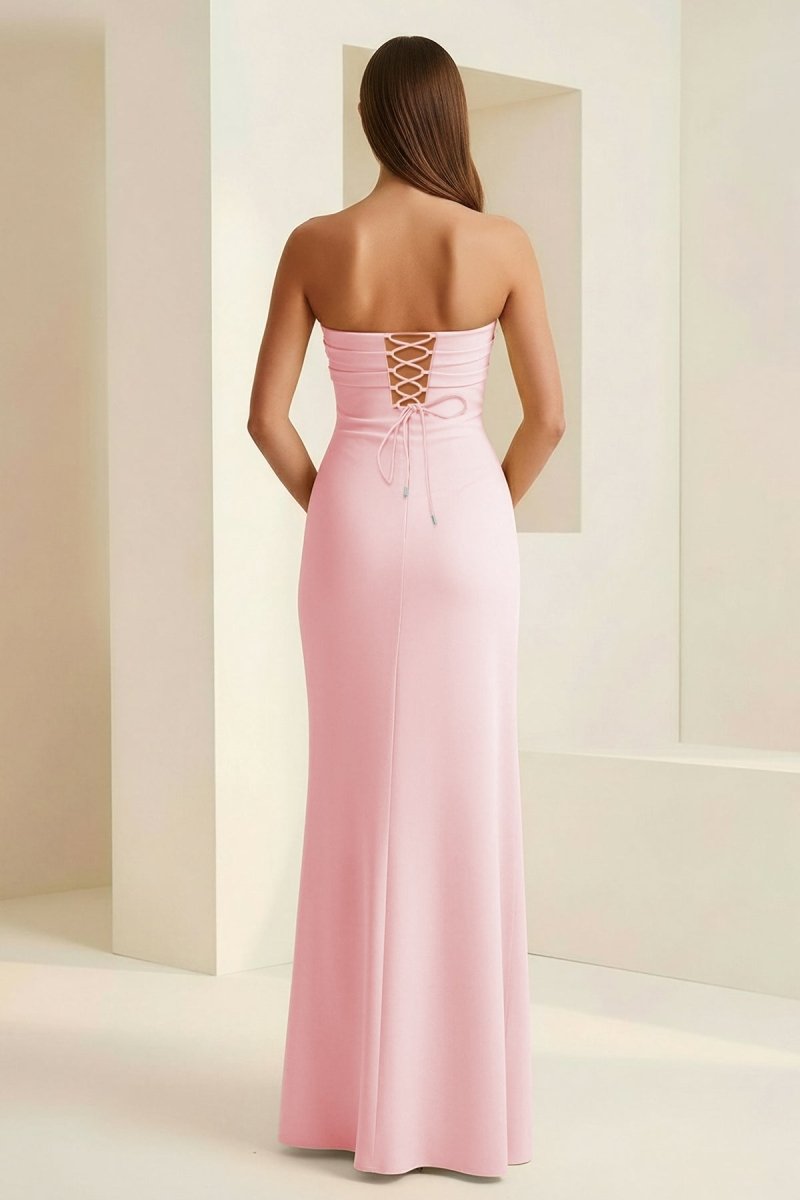 Delvine | Pink - Mermaid Strapless Satin Pleated Long Prom Dress with Slit - KissProm