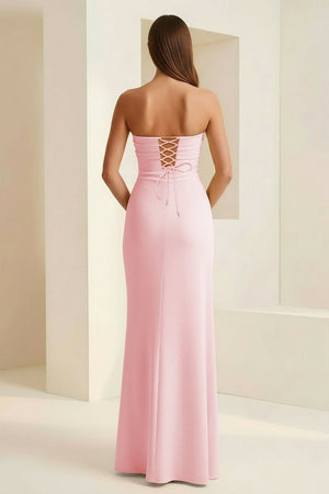 Delvine | Pink - Mermaid Strapless Satin Pleated Long Prom Dress with Slit - KissProm