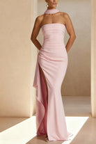 KissProm-Delvine Pink Mermaid Strapless Satin Pleated Long Prom Dress with Slit