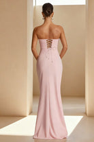 KissProm-Delvine Pink Mermaid Strapless Satin Pleated Long Prom Dress with Slit
