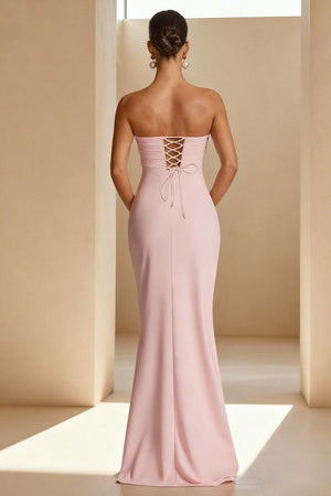 KissProm-Delvine Pink Mermaid Strapless Satin Pleated Long Prom Dress with Slit