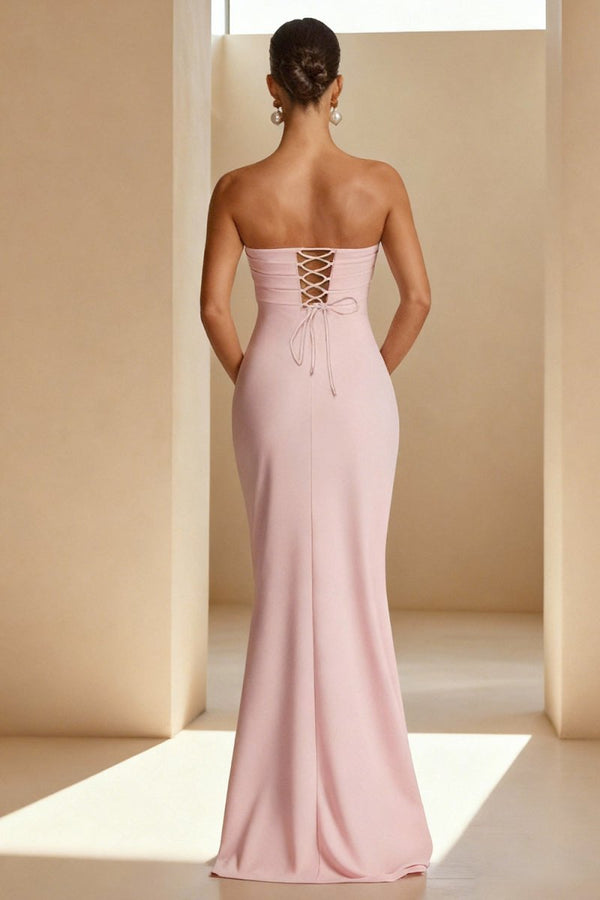 KissProm-Delvine Pink Mermaid Strapless Satin Pleated Long Prom Dress with Slit