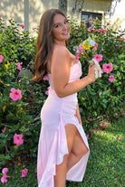 KissProm-Delvine Pink Mermaid Strapless Satin Pleated Long Prom Dress with Slit