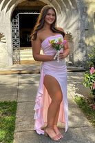 KissProm-Delvine Pink Mermaid Strapless Satin Pleated Long Prom Dress with Slit