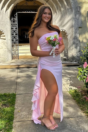 KissProm-Delvine Pink Mermaid Strapless Satin Pleated Long Prom Dress with Slit
