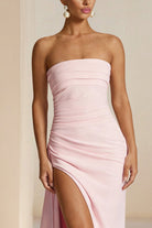 KissProm-Delvine Pink Mermaid Strapless Satin Pleated Long Prom Dress with Slit