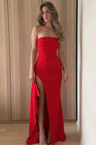 KissProm-Delvine Red Mermaid Strapless Satin Pleated Long Prom Dress with Slit