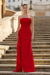Red - Mermaid Strapless Satin Pleated Long Prom Dress with Slit