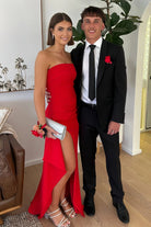 Delvine | Red - Mermaid Strapless Satin Pleated Long Prom Dress with Slit - KissProm